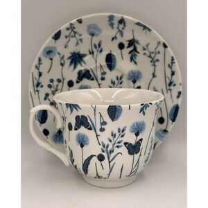 Kent Pottery Blue White Botanical Floral Butterfly Teacup Saucer Set 2pc Cottage